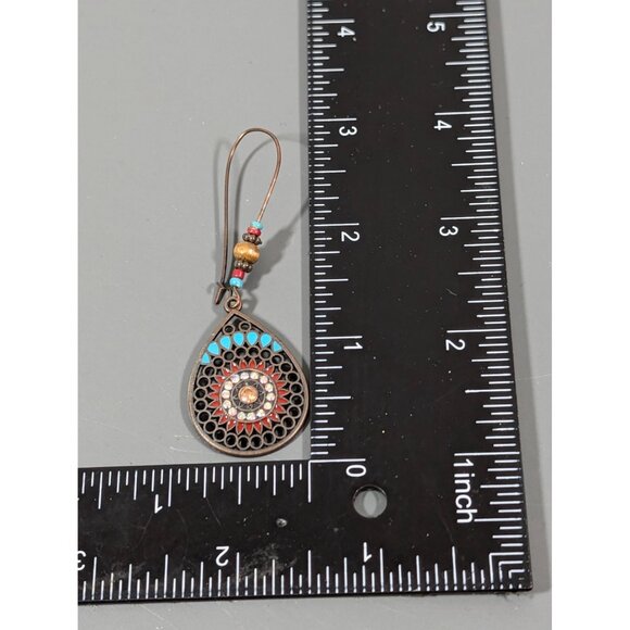 Boho Western Medallion Blue Brown Rhinestone Drop Long Earrings - Picture 5 of 6